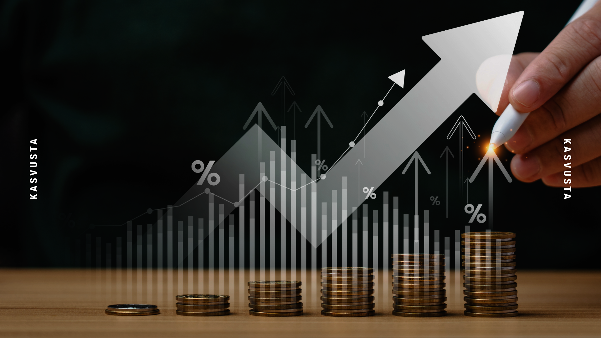 Kolikkopinoihin ja kasvukäyrään yhdistetty kuva, joka kuvastaa yrityksen liikevaihdon kasvua ja markkinoinnin vaikutusta