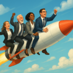 Neljä liiketoiminnan ammattilaista raketin kyydissä symboloimassa yrityksen kasvua – kasvumarkkinointi, brändin kehitys ja markkinointiviestintä